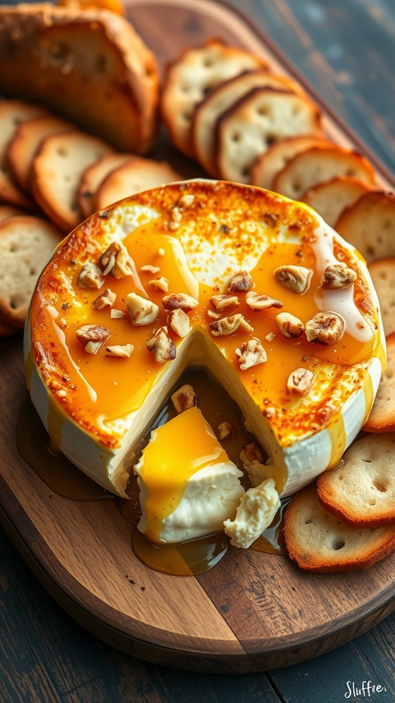 A warm, baked brie topped with honey and nuts, surrounded by crackers and bread, perfect for entertaining.